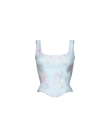 Vi, blue organza corset top with straps and a floral print