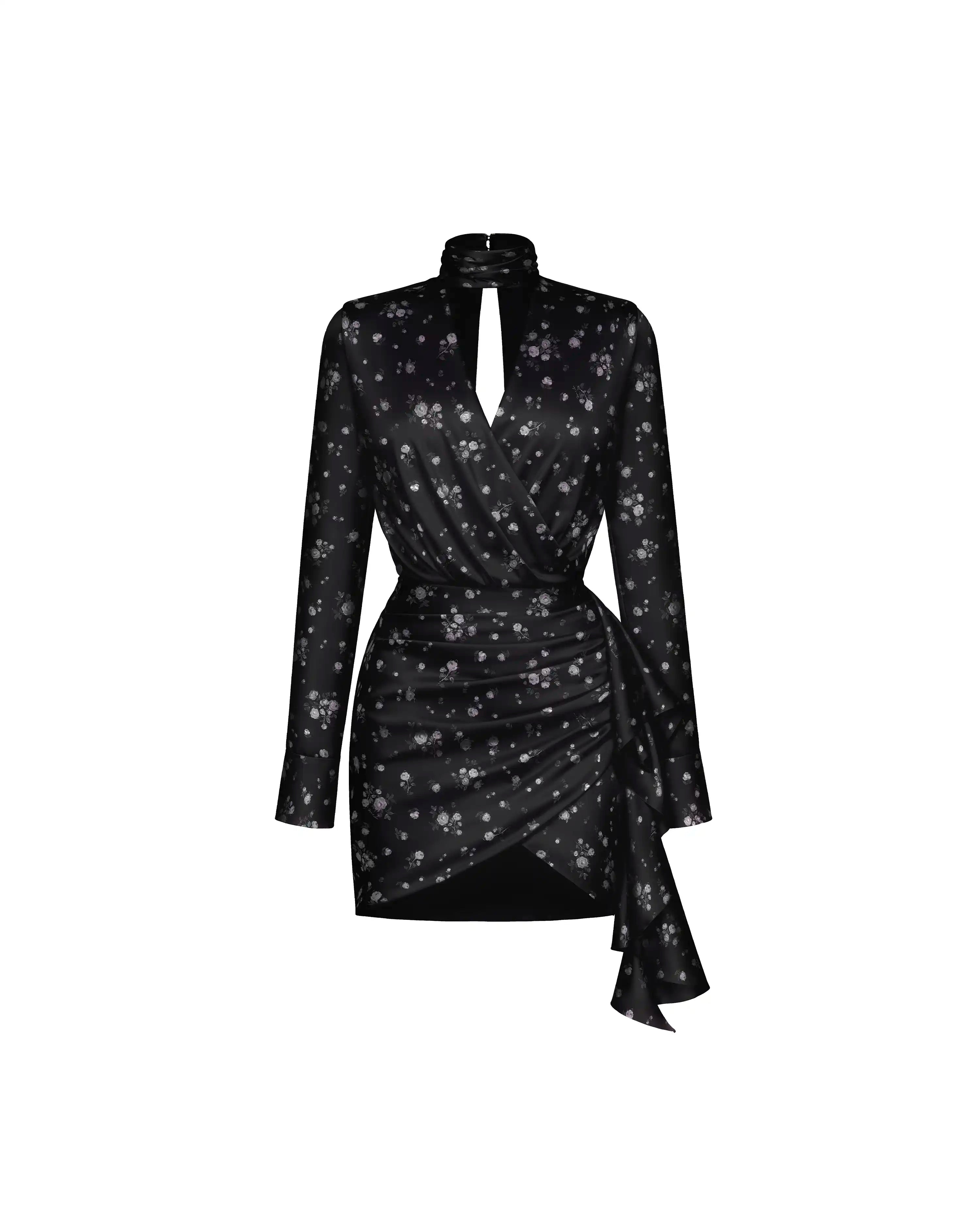 Leah mini, black satin mini dress with floral print