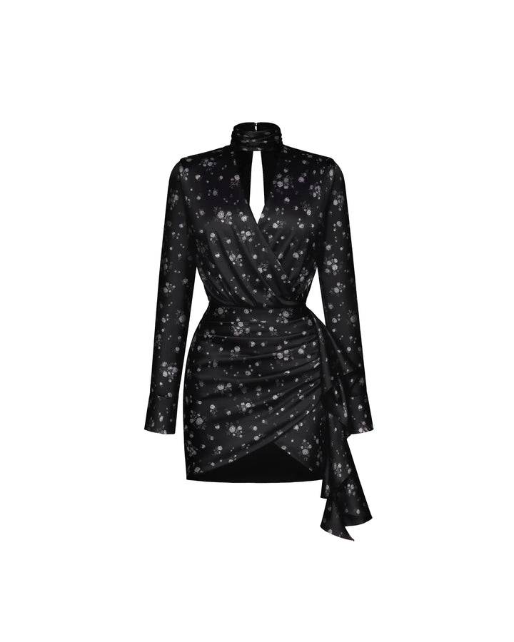 Leah mini, black satin mini dress with floral print