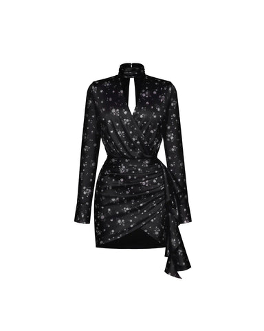 Leah mini, black satin mini dress with floral print