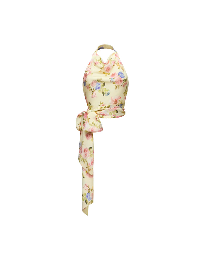 Esty top, top in pale yellow crepe de chine with a floral print