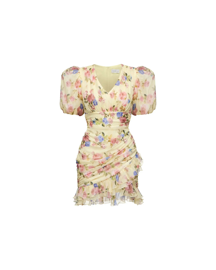 Josephine mini, mini dress in pale yellow crepe de chine with a floral print