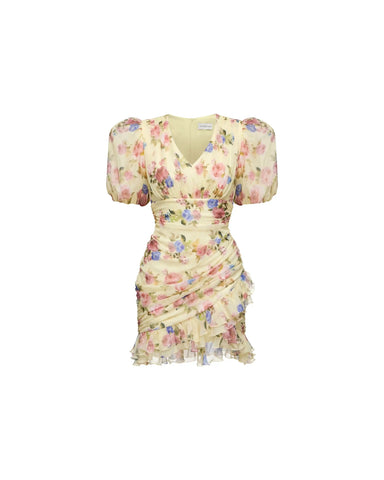 Josephine mini, mini dress in pale yellow crepe de chine with a floral print