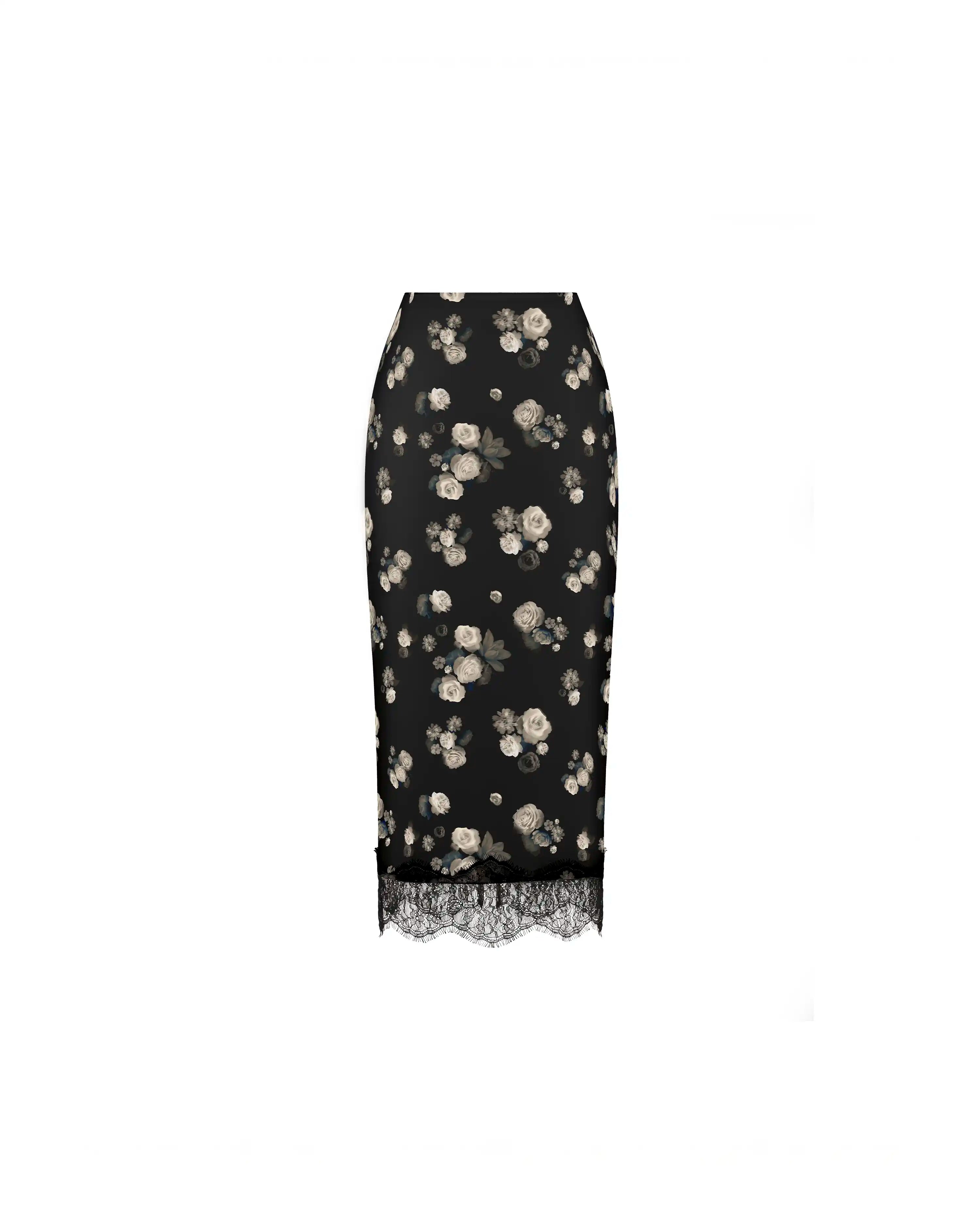 Muriel midi, midi skirt in black satin with a floral print and lace trim