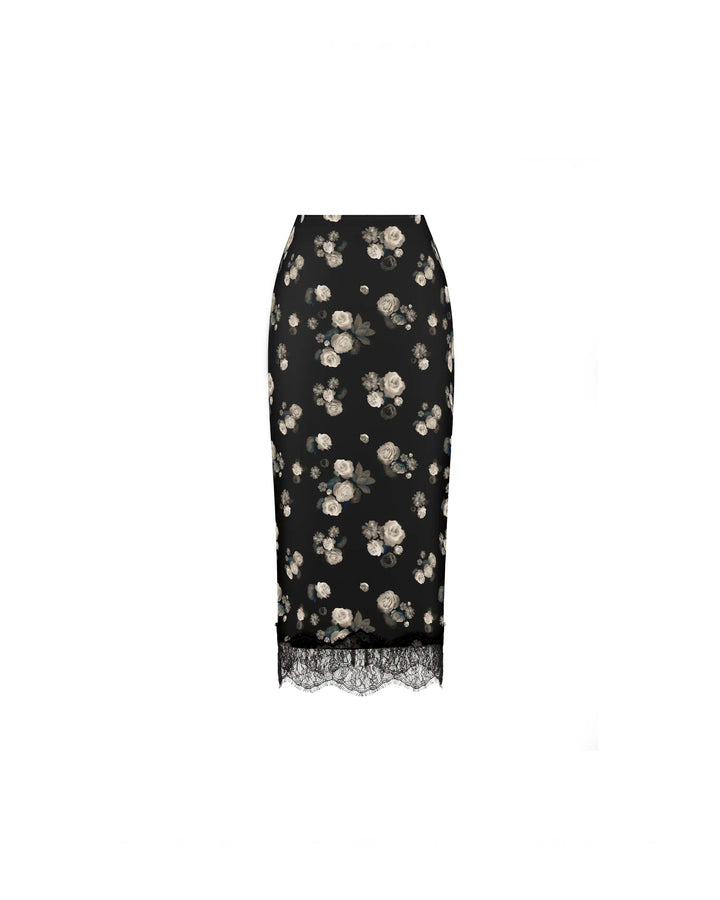 Muriel midi, midi skirt in black satin with a floral print and lace trim