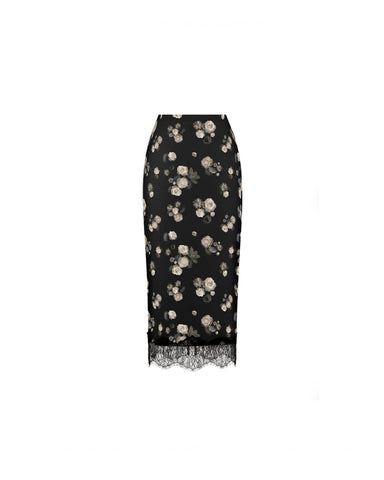 Muriel midi, midi skirt in black satin with a floral print and lace trim