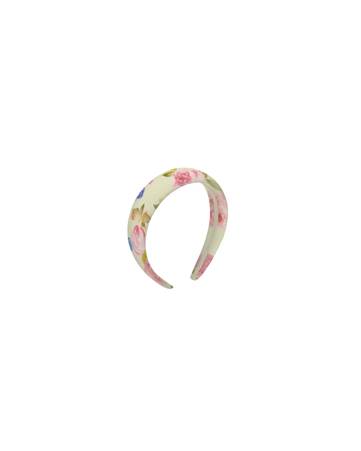 Noelia, headband in pale yellow crepe de chine with a floral print