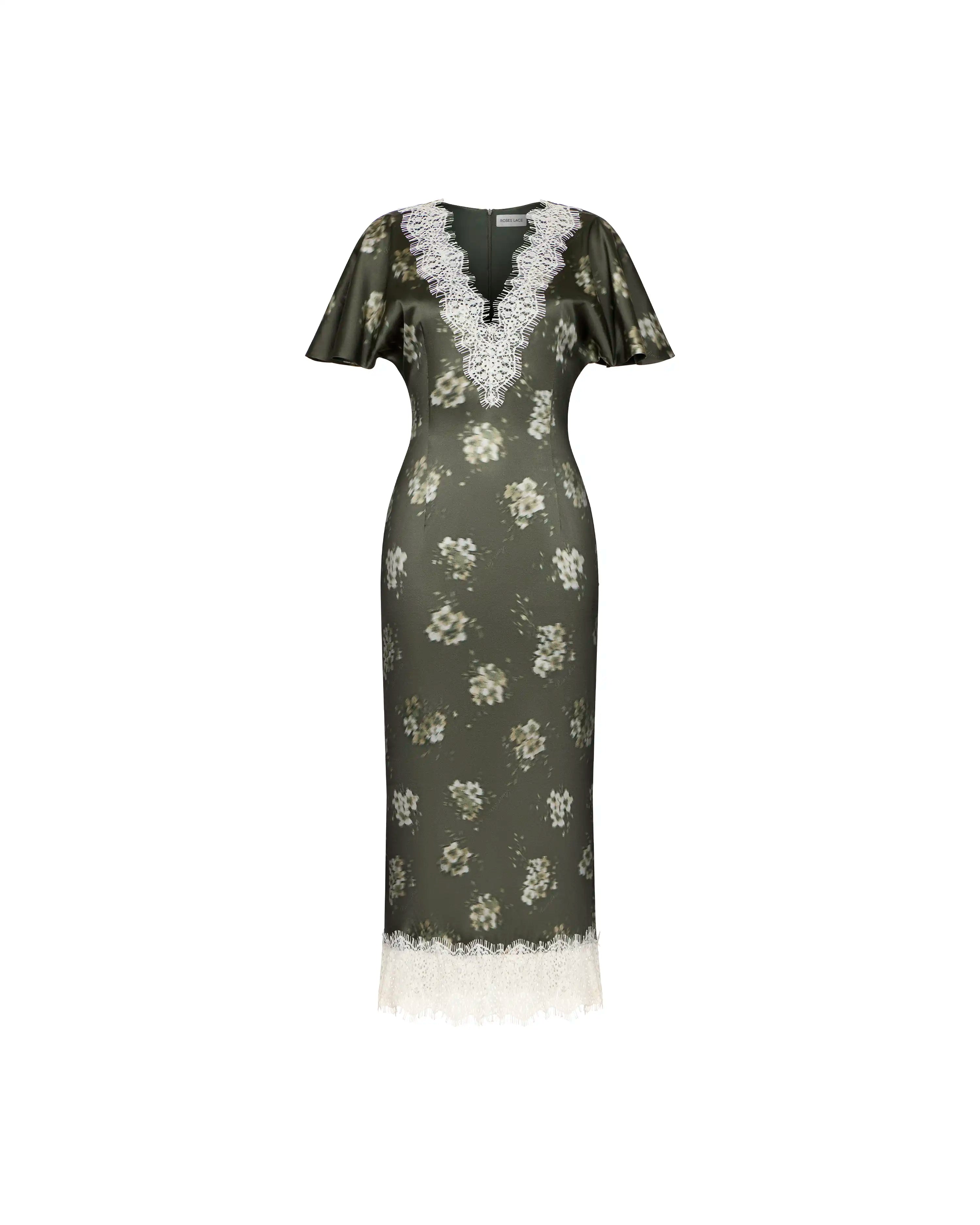 Odette midi, khaki satin midi dress with ivory flowers