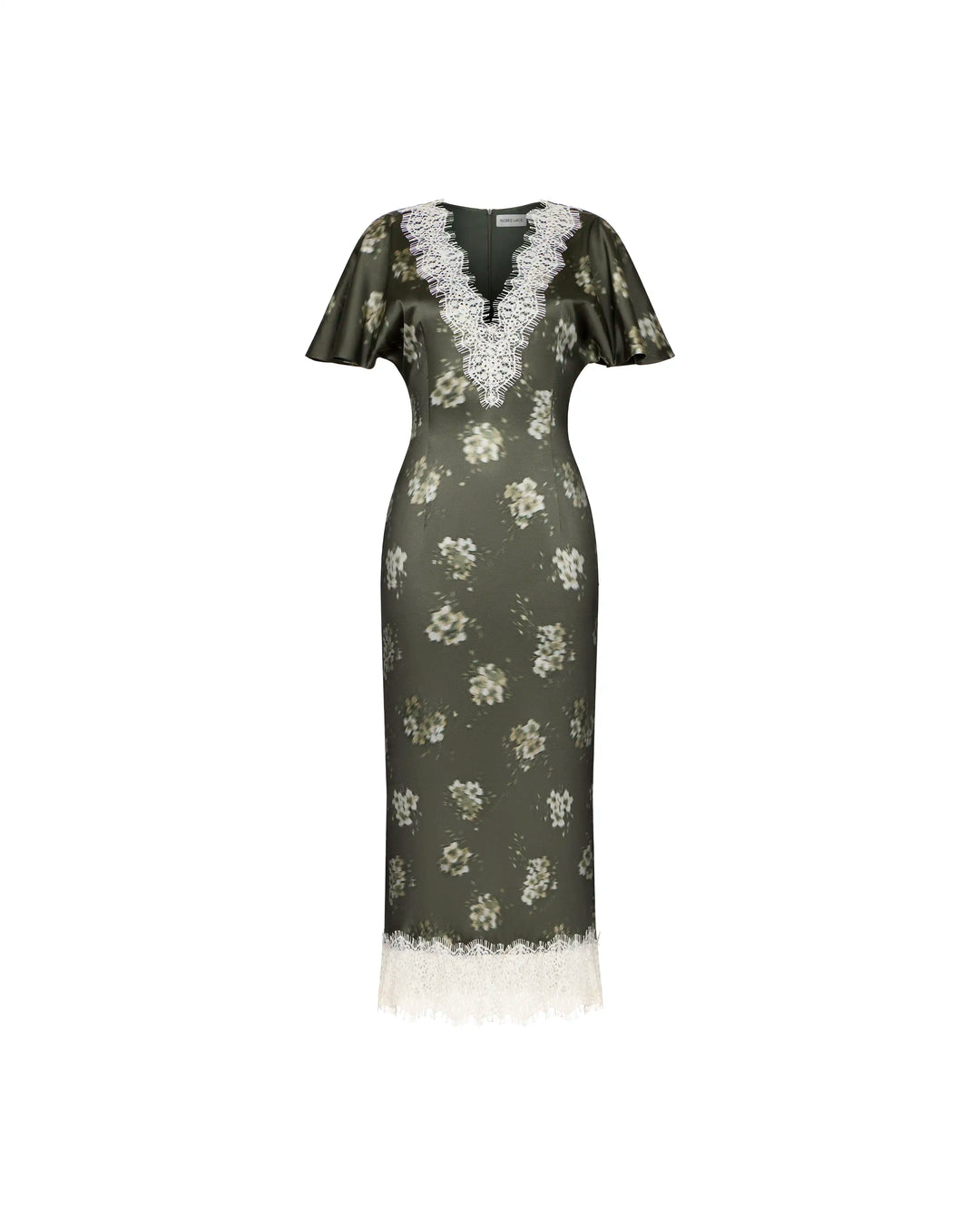 Odette midi, khaki satin midi dress with ivory flowers