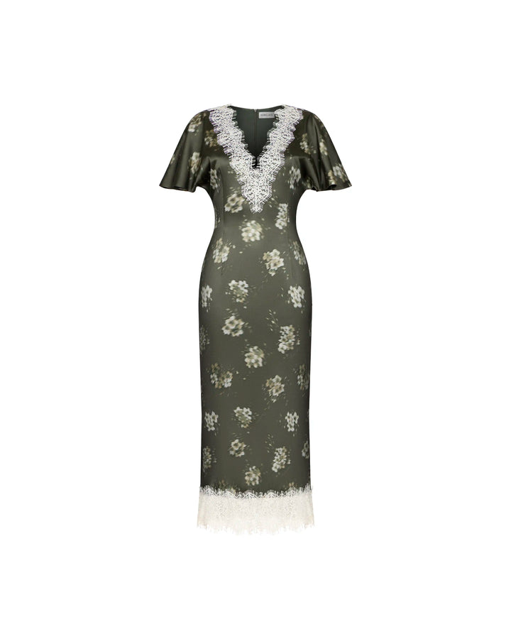 Odette midi, khaki satin midi dress with ivory flowers
