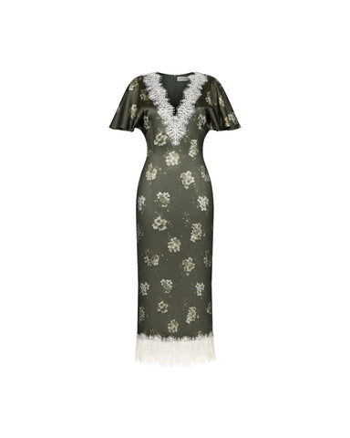 Odette midi, khaki satin midi dress with ivory flowers
