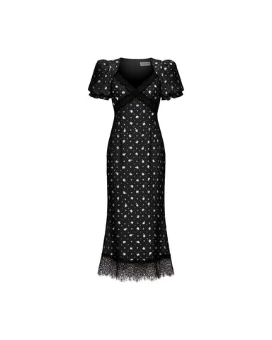 Penny midi, midi dress in black crepe de chine with a floral print