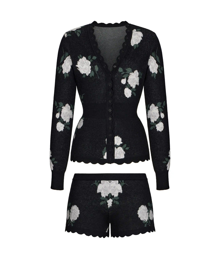 Lana-Joyce, knitted set with shorts made of black cotton with floral print