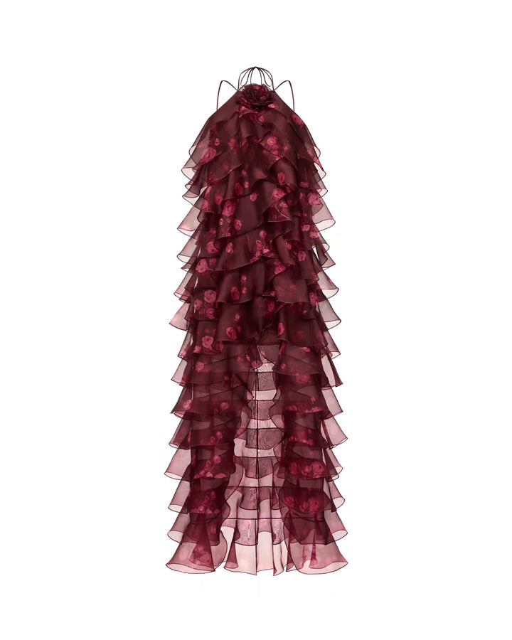 Dakota Maxi, maxi dress made of burgundy organza with a floral print and a rose