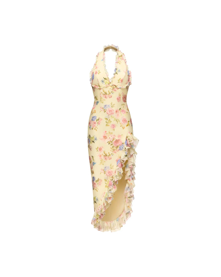 Quora midi, midi dress in pale yellow chiffon with a floral print