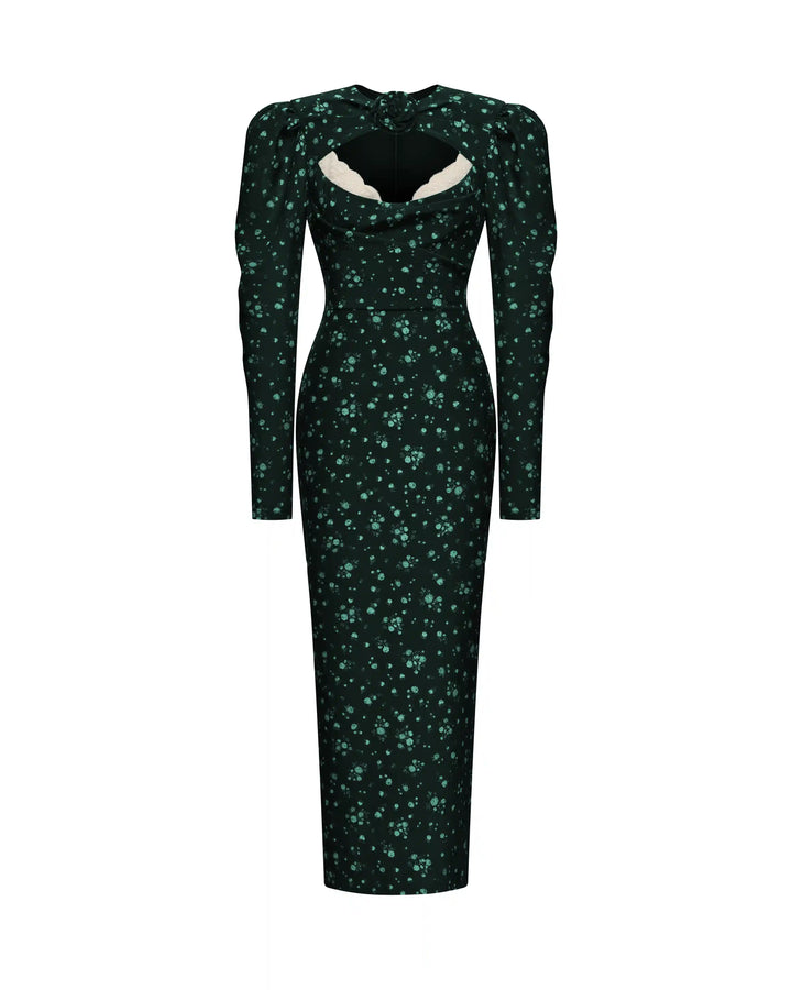 Macel midi, midi dress made of dark green crepe de chine with a floral print