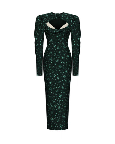 Macel midi, midi dress made of dark green crepe de chine with a floral print