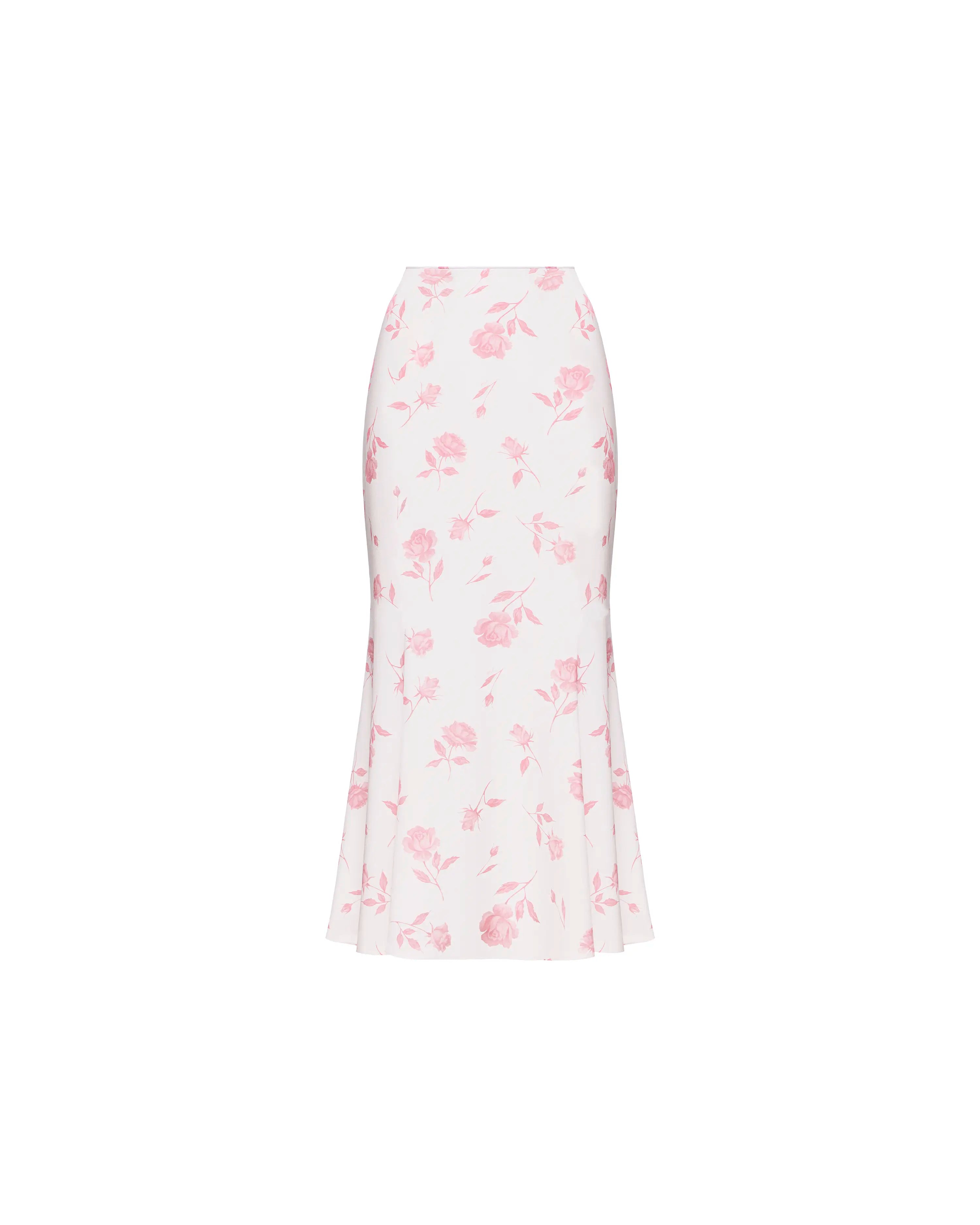 Kerelin midi, ivory crepe de chine midi skirt with medium light pink flowers