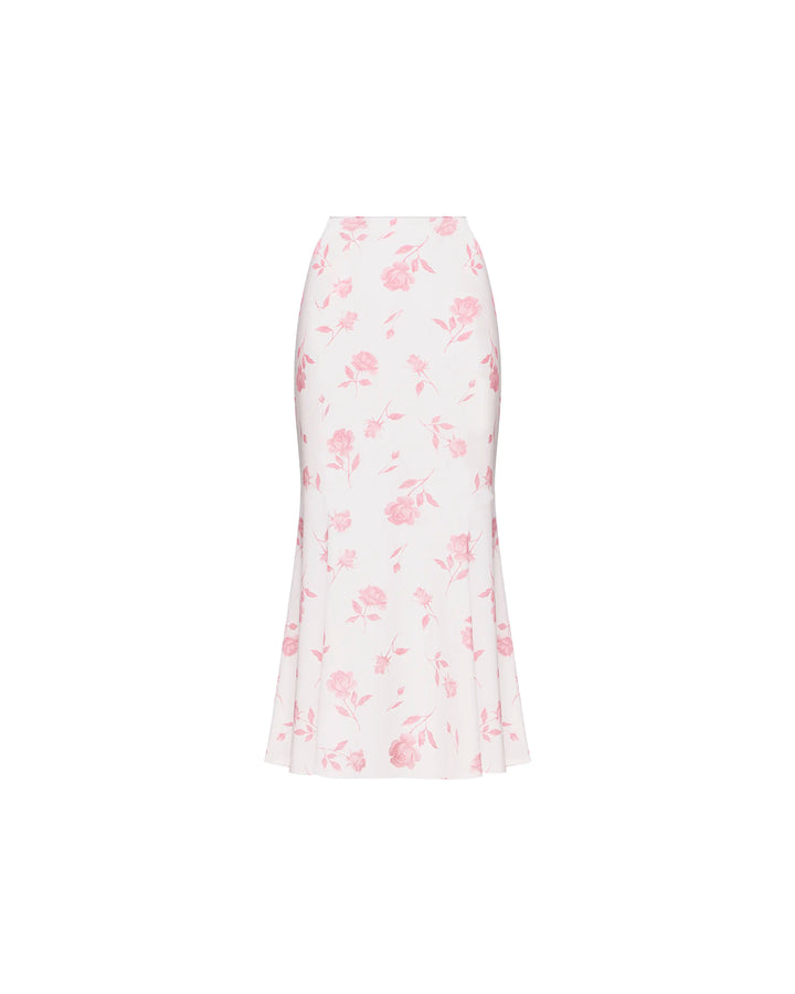 Kerelin midi, ivory crepe de chine midi skirt with medium light pink flowers