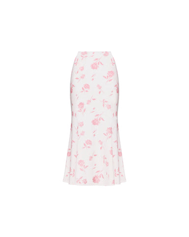 Kerelin midi, ivory crepe de chine midi skirt with medium light pink flowers