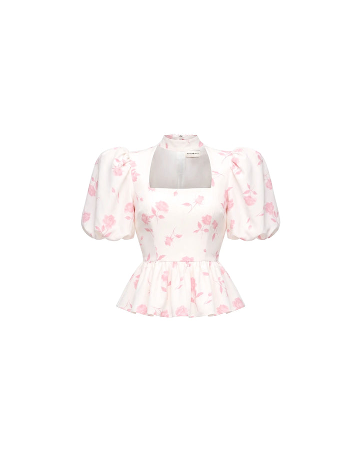 Valerie top, ivory crepe de chine top with medium light pink flowers
