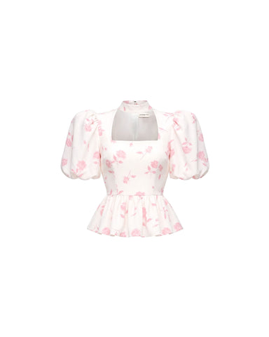 Valerie top, ivory crepe de chine top with medium light pink flowers
