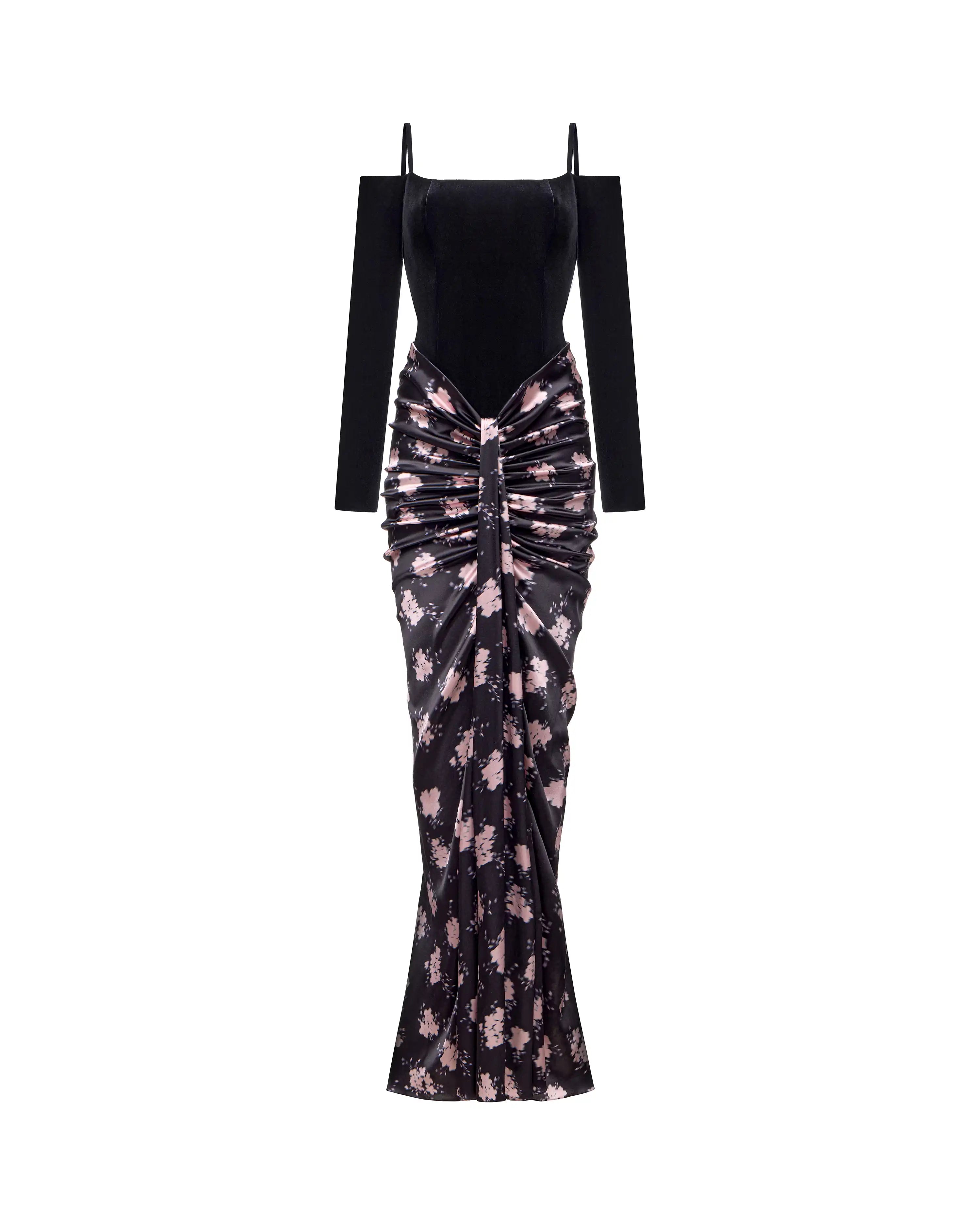 Elle maxi, black velvet top with a draped satin skirt and a floral print