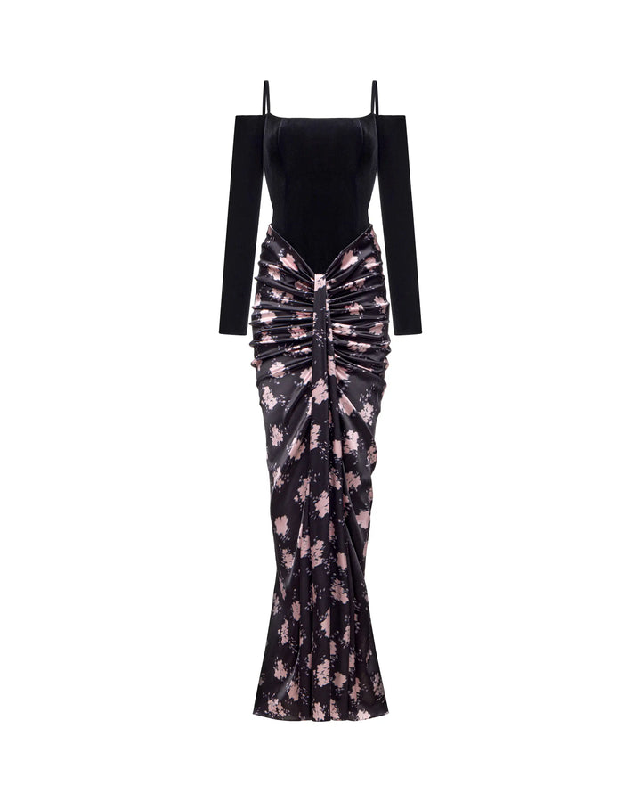 Elle maxi, black velvet top with a draped satin skirt and a floral print