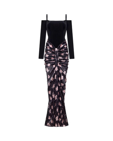 Elle maxi, black velvet top with a draped satin skirt and a floral print