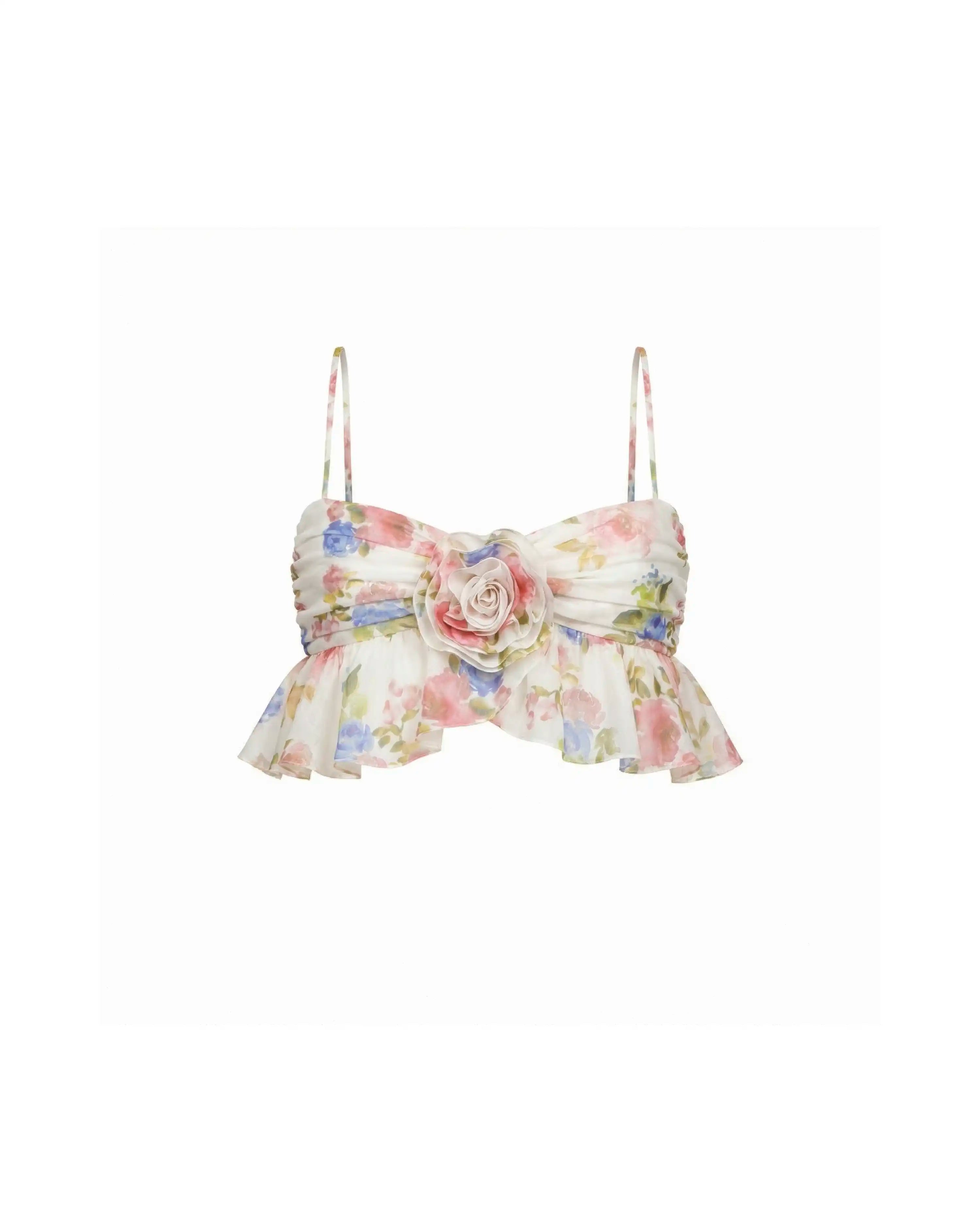 Willow, milky batiste top with a floral print and a rose detail