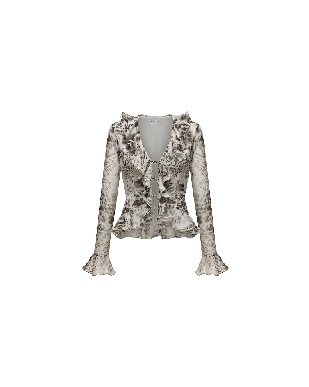 Ruzana, ivory chiffon blouse with sleeves and ruffles with animal print