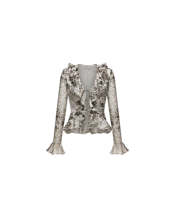 Ruzana, ivory chiffon blouse with sleeves and ruffles with animal print