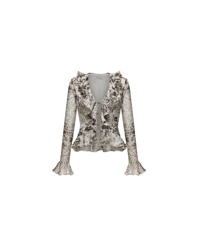 Ruzana, ivory chiffon blouse with sleeves and ruffles with animal print