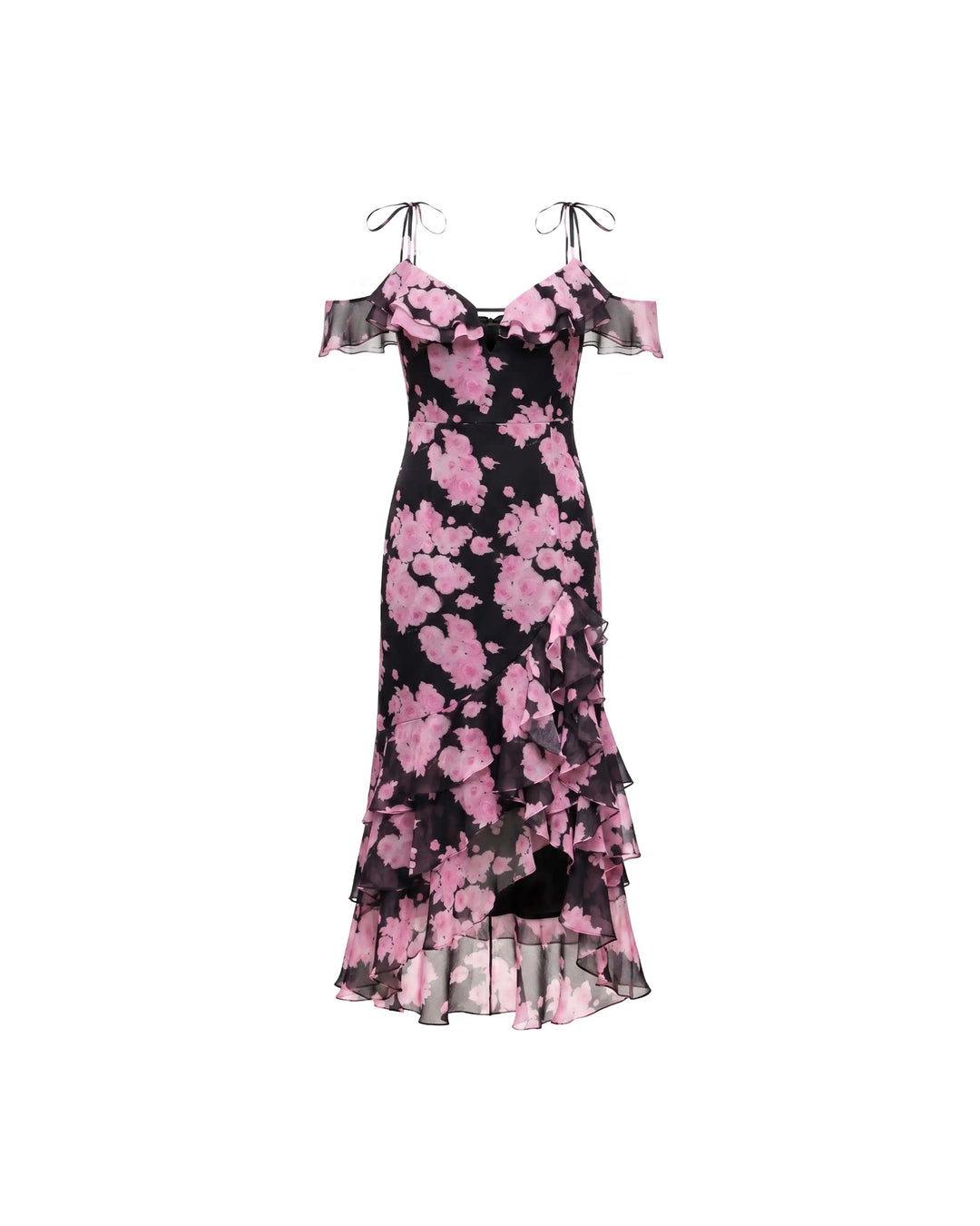 Monika midi, black chiffon midi dress with large pink flowers – ROSES LACE