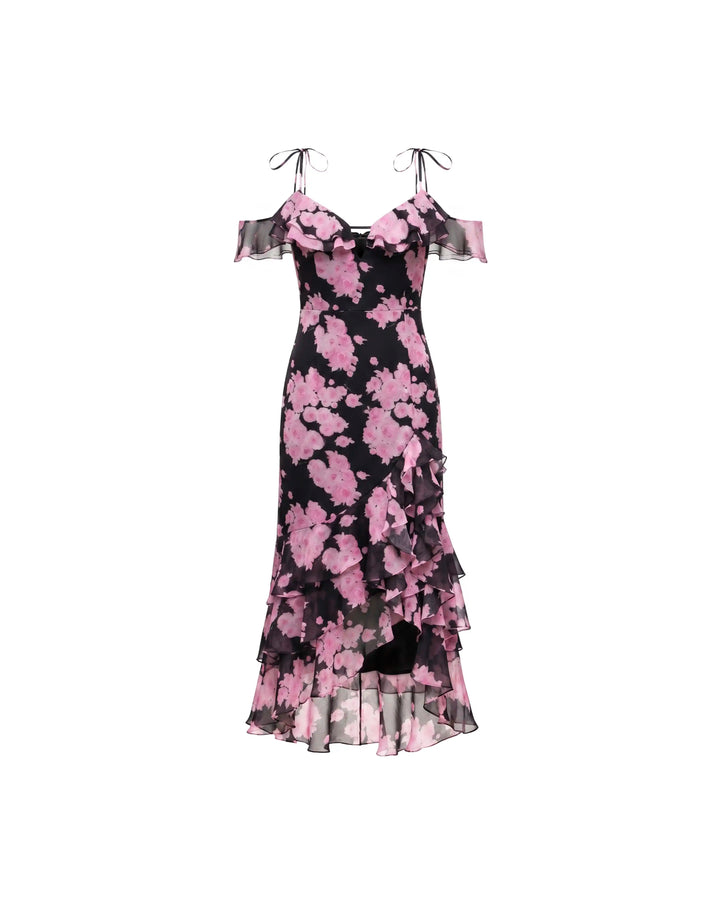 Monika midi, black chiffon midi dress with large pink flowers