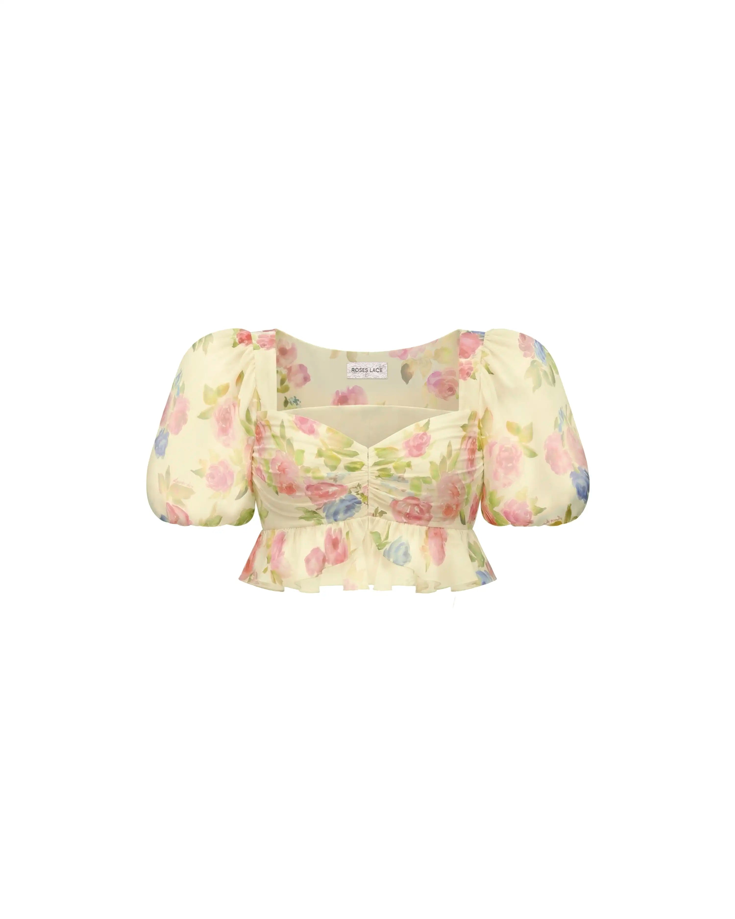 Melisa top, crop top in pale yellow chiffon with a floral print