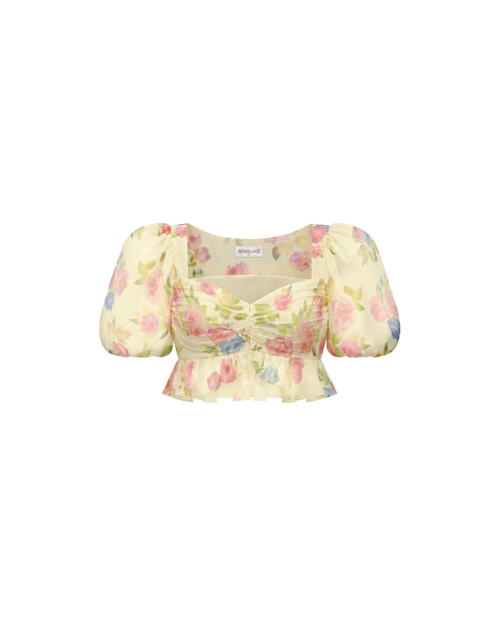 Melisa top, crop top in pale yellow chiffon with a floral print