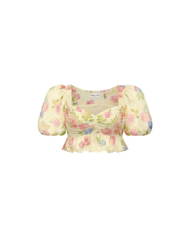 Melisa top, crop top in pale yellow chiffon with a floral print