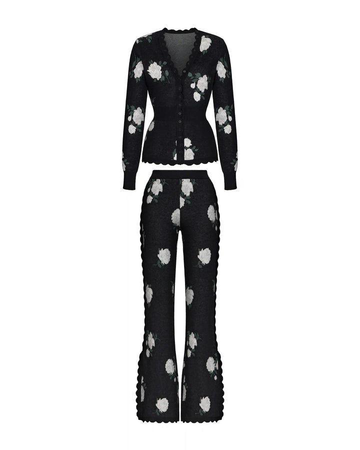 Lana-Quincy, knitted set with pants made of black cotton with floral print