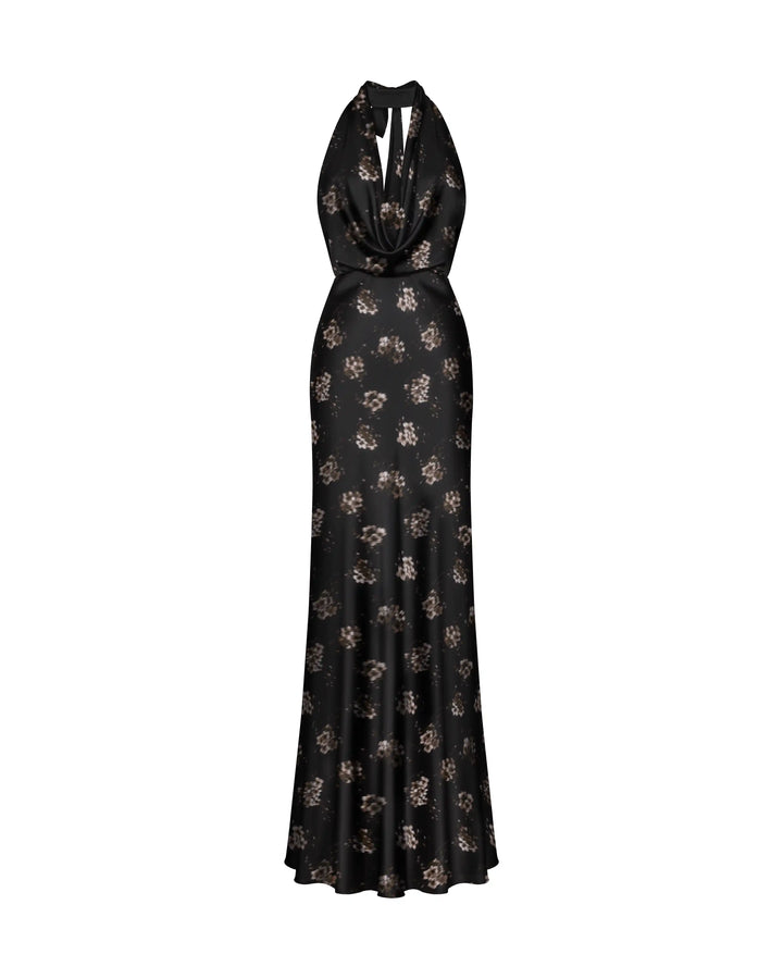 Alia maxi, a black satin maxi dress with a medium-scale floral print