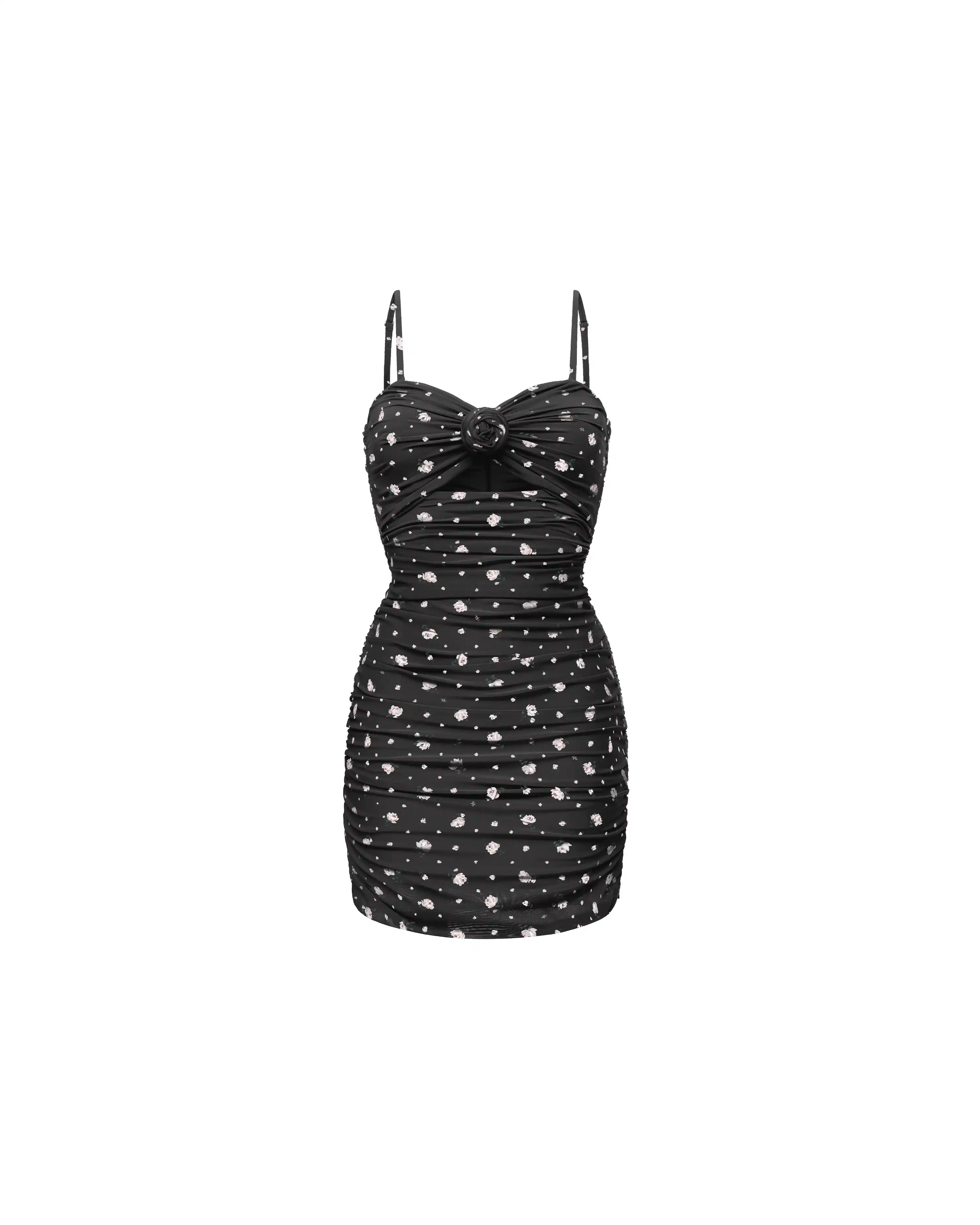Nicole mini, black mesh mini dress with floral print