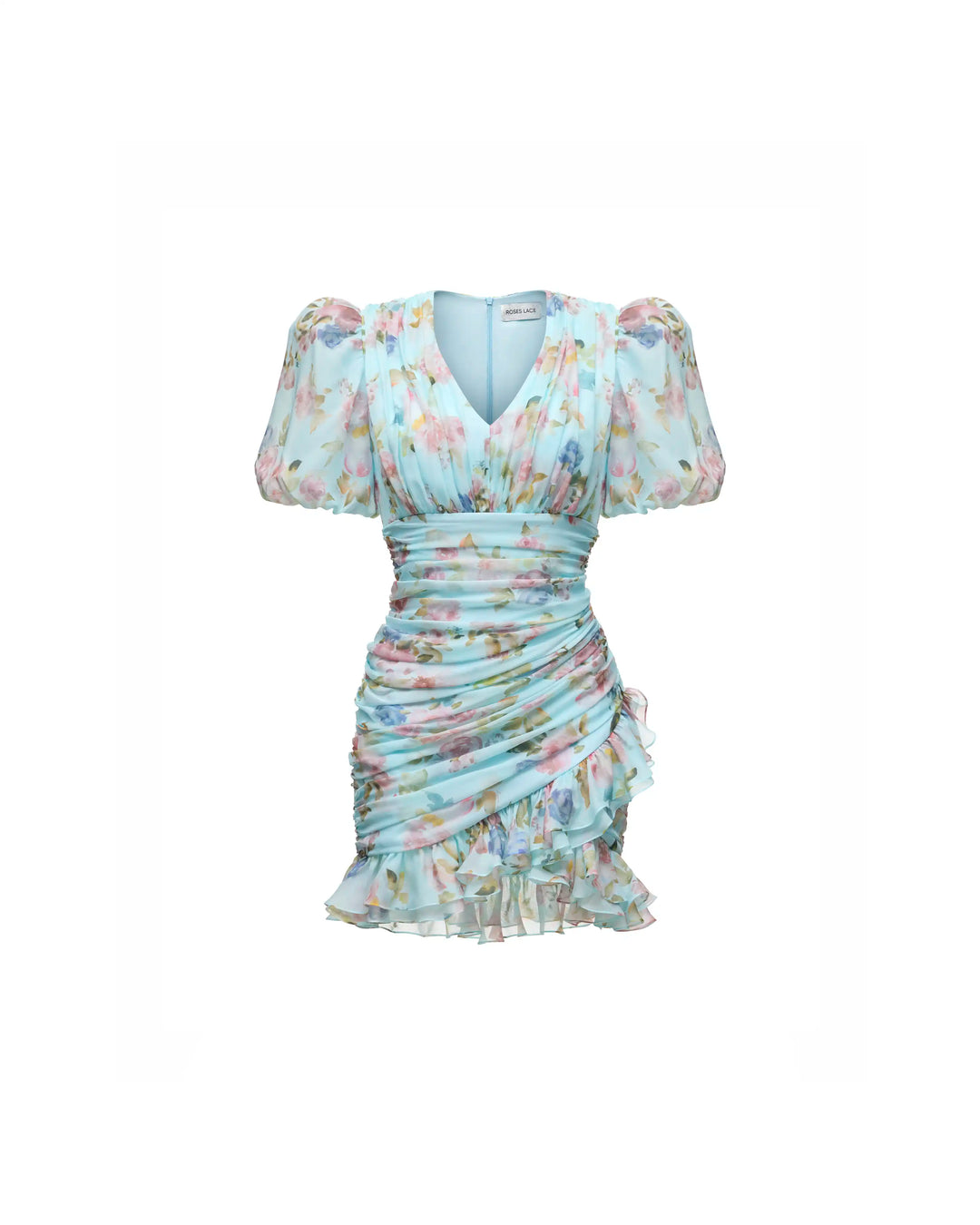 Josephine mini, blue chiffon mini dress with a floral print – ROSES LACE