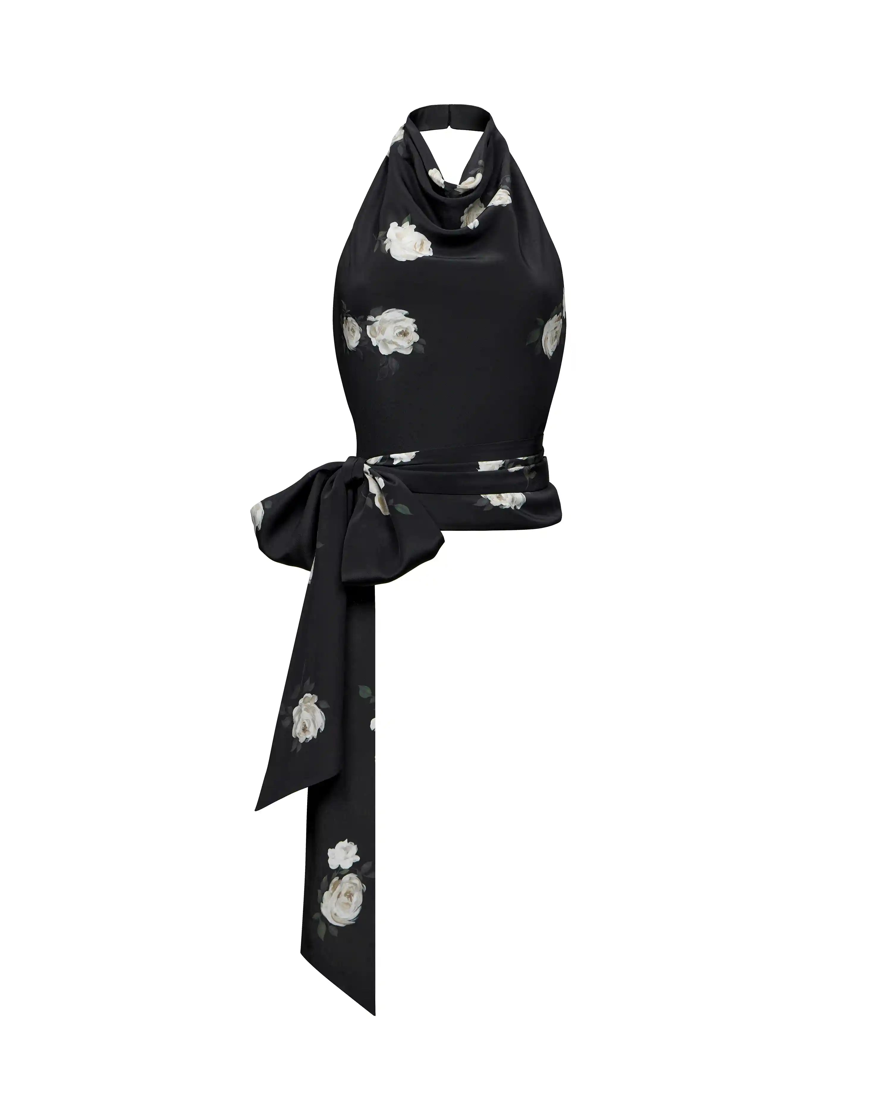 Eliana, top made of black crepe de chine with floral print
