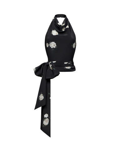 Eliana, top made of black crepe de chine with floral print
