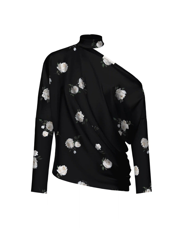 Anika top, top with long sleeves and a choker made of black crepe de chine with floral print