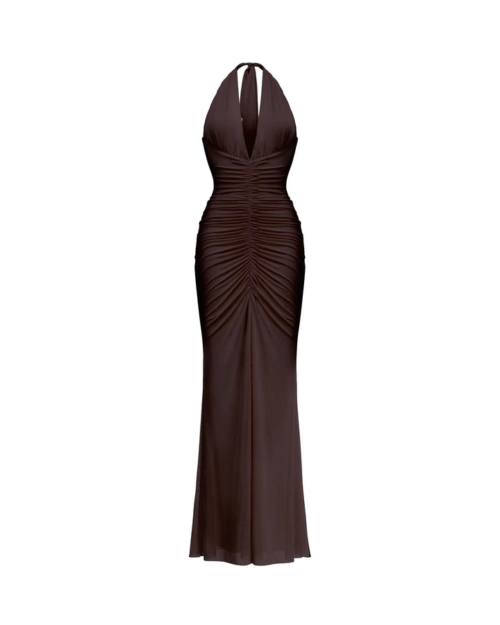 Luna maxi, maxi dress in chocolate mesh