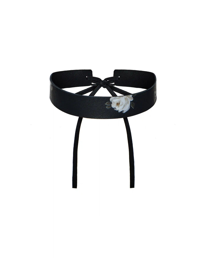Lora, choker made of black genuine leather with a floral print