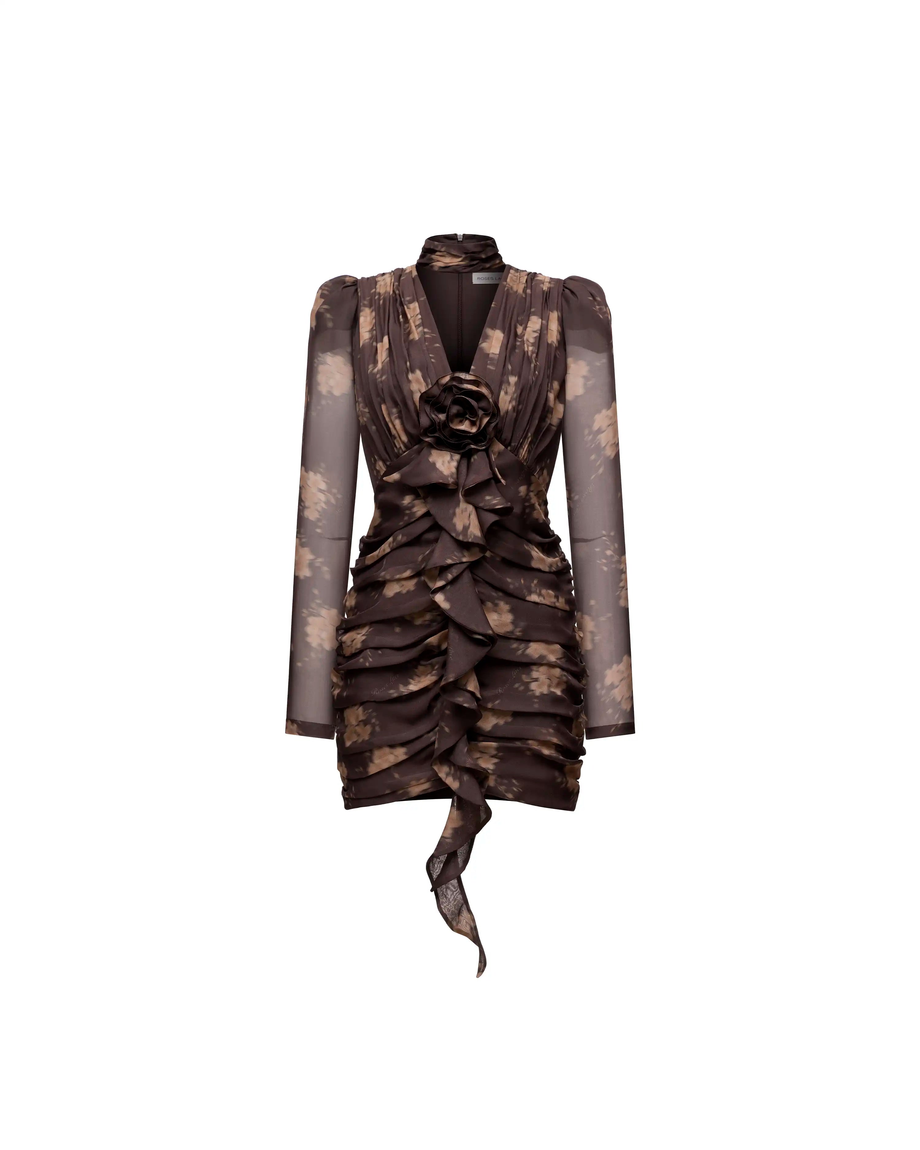 Vienna mini, chocolate chiffon mini dress with beige flowers