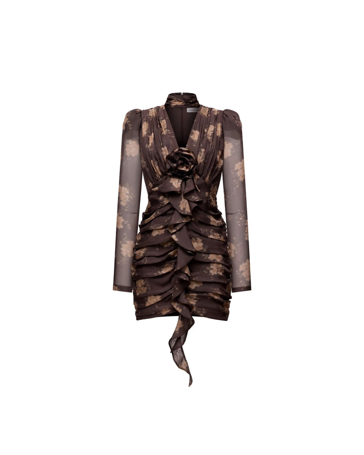 Vienna mini, chocolate chiffon mini dress with beige flowers