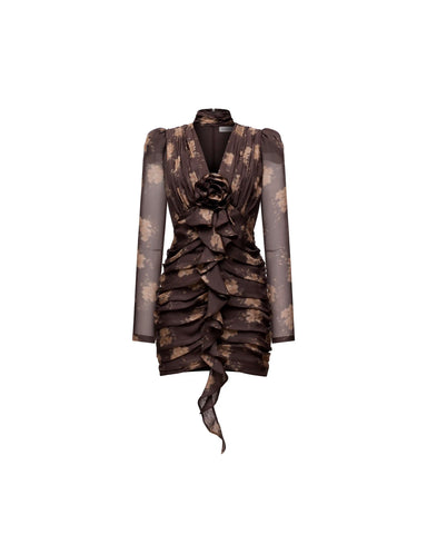 Vienna mini, chocolate chiffon mini dress with beige flowers